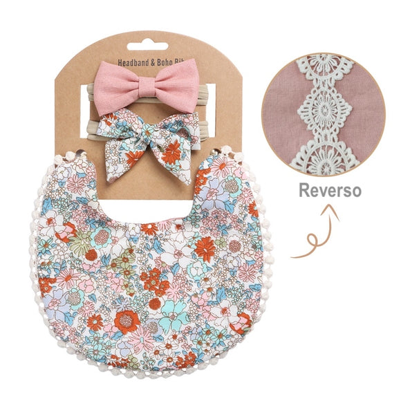 KIT MOÑOS Y BABERO FLORES AZUL, ROSAS Y ROJAS Y ENCAJE ROSA