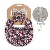 KIT MOÑOS Y BABERO GUINDA FLORES Y ENCAJE GRIS