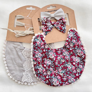 KIT MOÑOS Y BABERO GUINDA FLORES Y ENCAJE GRIS