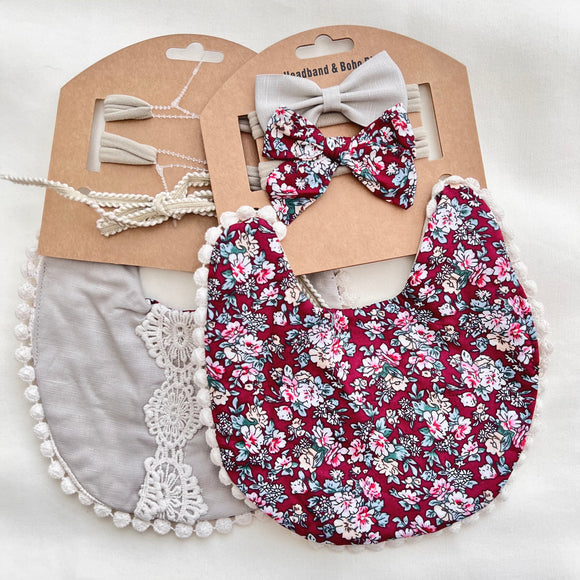 KIT MOÑOS Y BABERO GUINDA FLORES Y ENCAJE GRIS